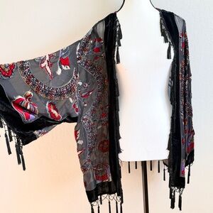 Vtg J.B.S. Silk Burnout Velvet Kimono Beaded Fringe Boho Whimsigoth
